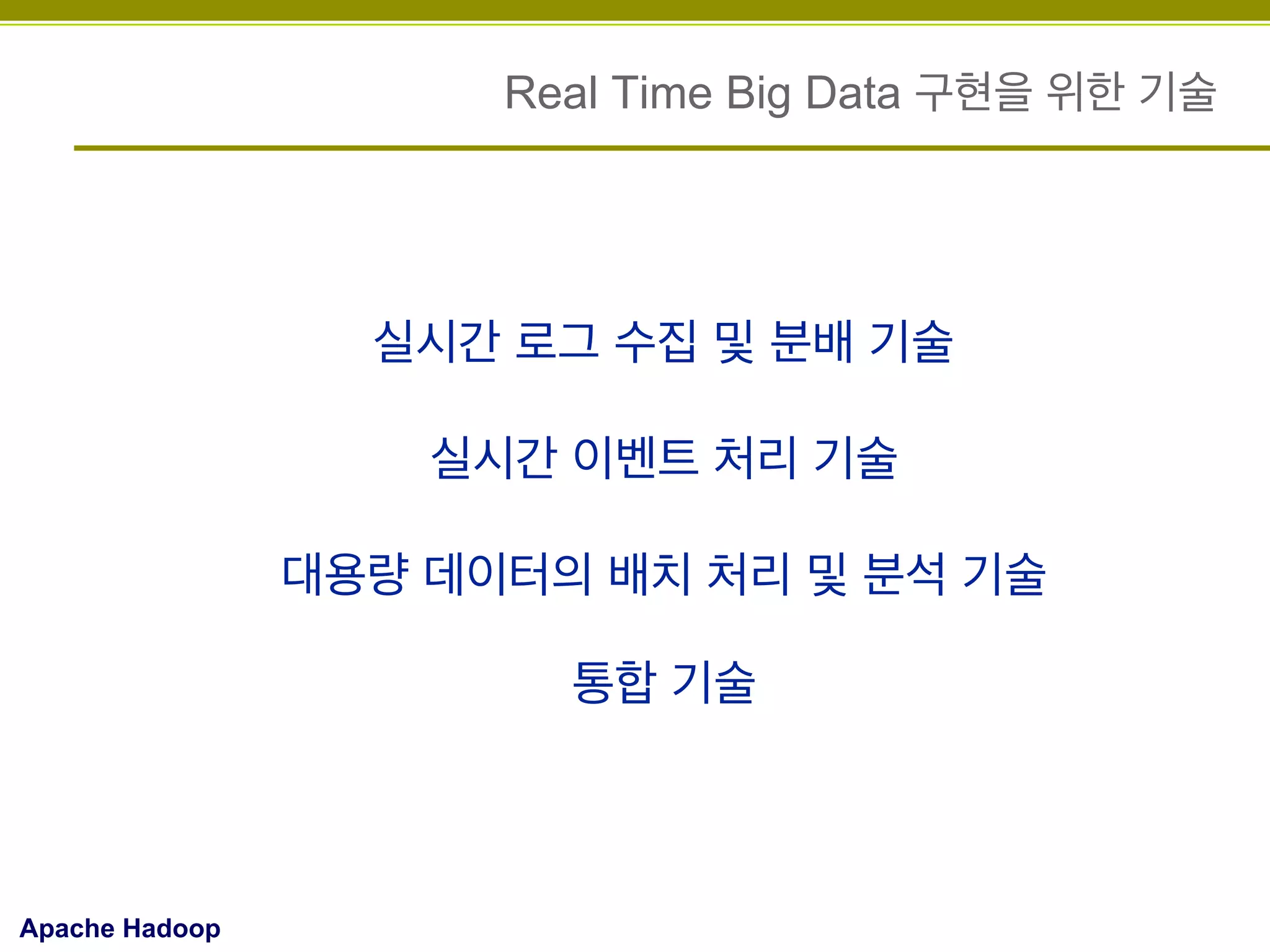 Real Time Big Data 구현을 위한 기술

실시간 로그 수집 및 분배 기술
실시간 이벤트 처리 기술
대용량 데이터의 배치 처리 및 분석 기술
통합 기술

Apache Hadoop

 