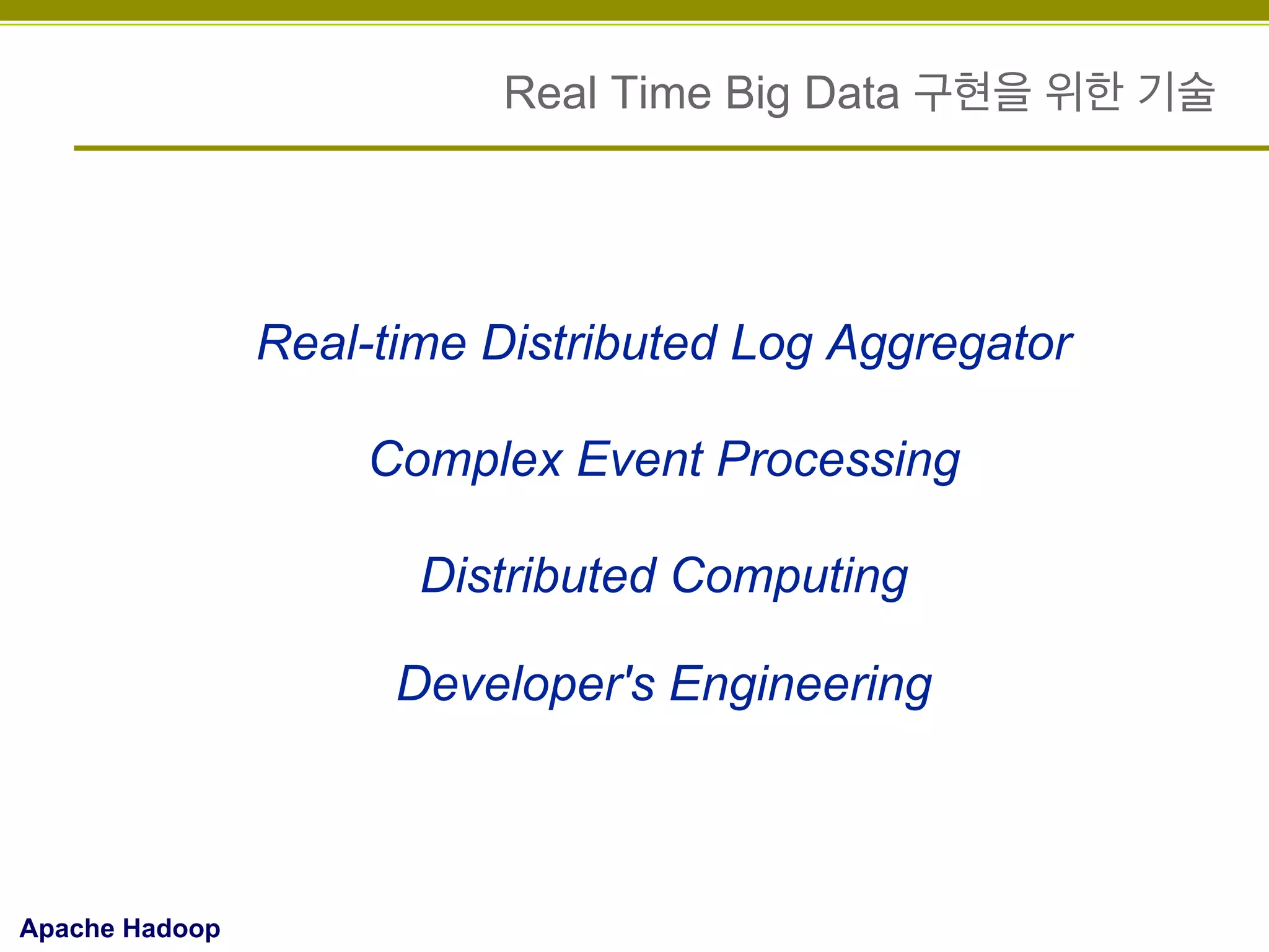 Real Time Big Data 구현을 위한 기술

Real-time Distributed Log Aggregator
Complex Event Processing
Distributed Computing
Developer's Engineering

Apache Hadoop

 