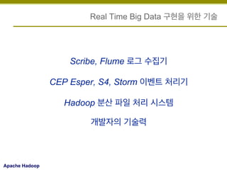Real Time Big Data 구현을 위한 기술

Scribe, Flume 로그 수집기
CEP Esper, S4, Storm 이벤트 처리기
Hadoop 분산 파일 처리 시스템
개발자의 기술력

Apache Hadoop

 