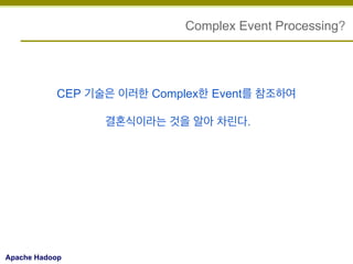 Complex Event Processing?

CEP 기술은 이러한 Complex한 Event를 참조하여
결혼식이라는 것을 알아 차린다.

Apache Hadoop

 