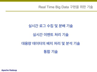 Real Time Big Data 구현을 위한 기술

실시간 로그 수집 및 분배 기술
실시간 이벤트 처리 기술
대용량 데이터의 배치 처리 및 분석 기술
통합 기술

Apache Hadoop

 