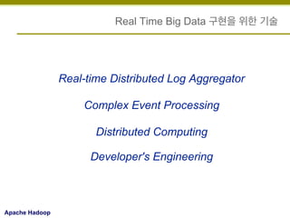Real Time Big Data 구현을 위한 기술

Real-time Distributed Log Aggregator
Complex Event Processing
Distributed Computing
Developer's Engineering

Apache Hadoop

 