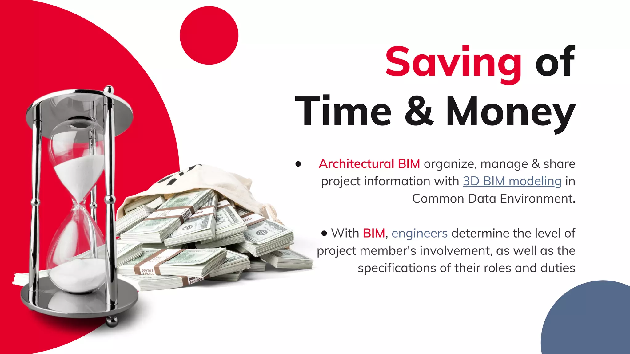 Architectural BIM organize, manage & share
project information with 3D BIM modeling in
Common Data Environment.
​
With BIM, engineers determine the level of
project member's involvement, as well as the
specifications of their roles and duties​
Saving of
Time & Money​
 