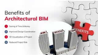 1
2
3
4
Benefits of
Architectural BIM​
Saving of Time & Money​
Reduced Project Risk
3D Visualization of Project​
Improved Design Coordination
 