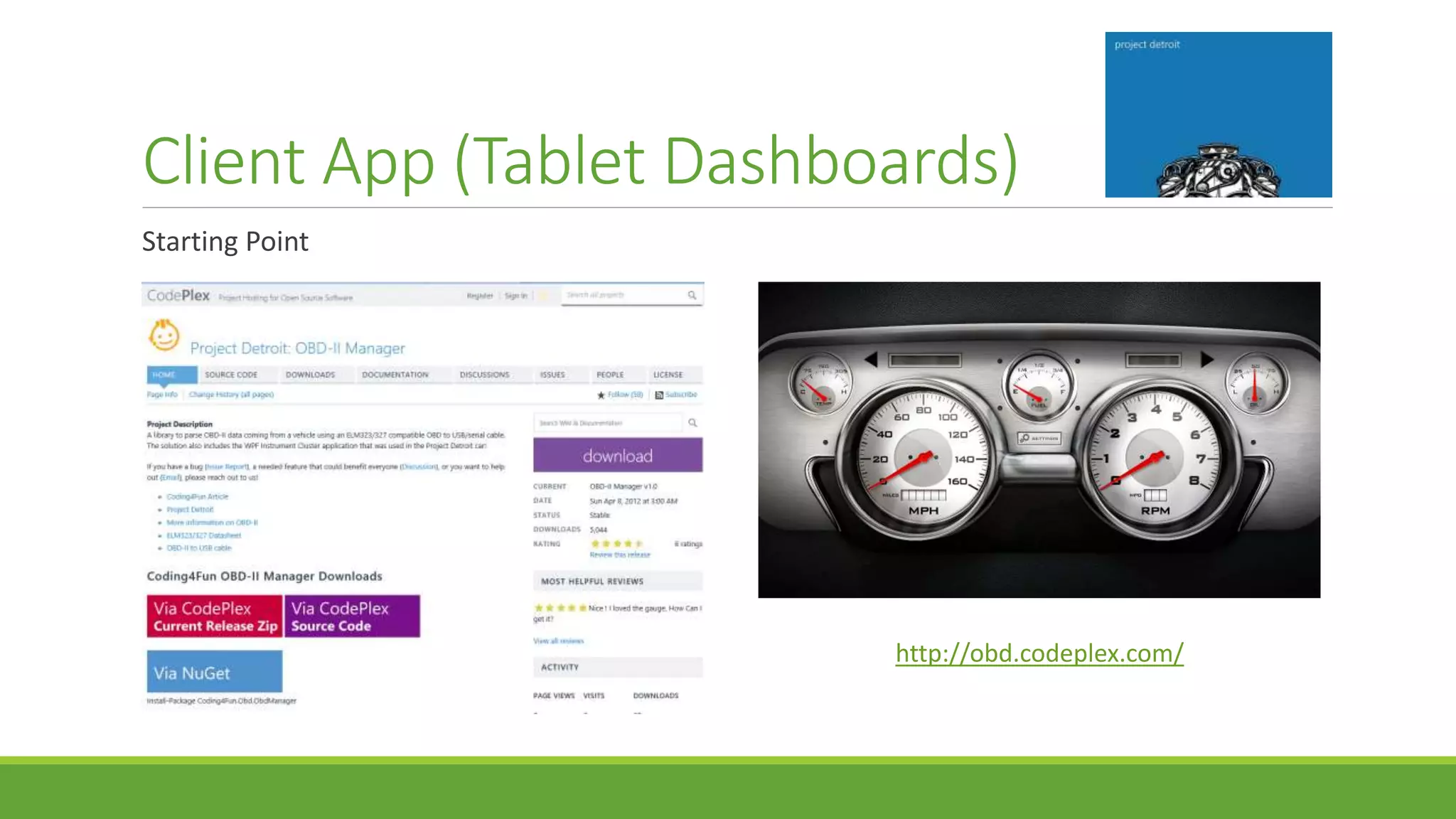 Client App (Tablet Dashboards)
Starting Point
http://obd.codeplex.com/
 