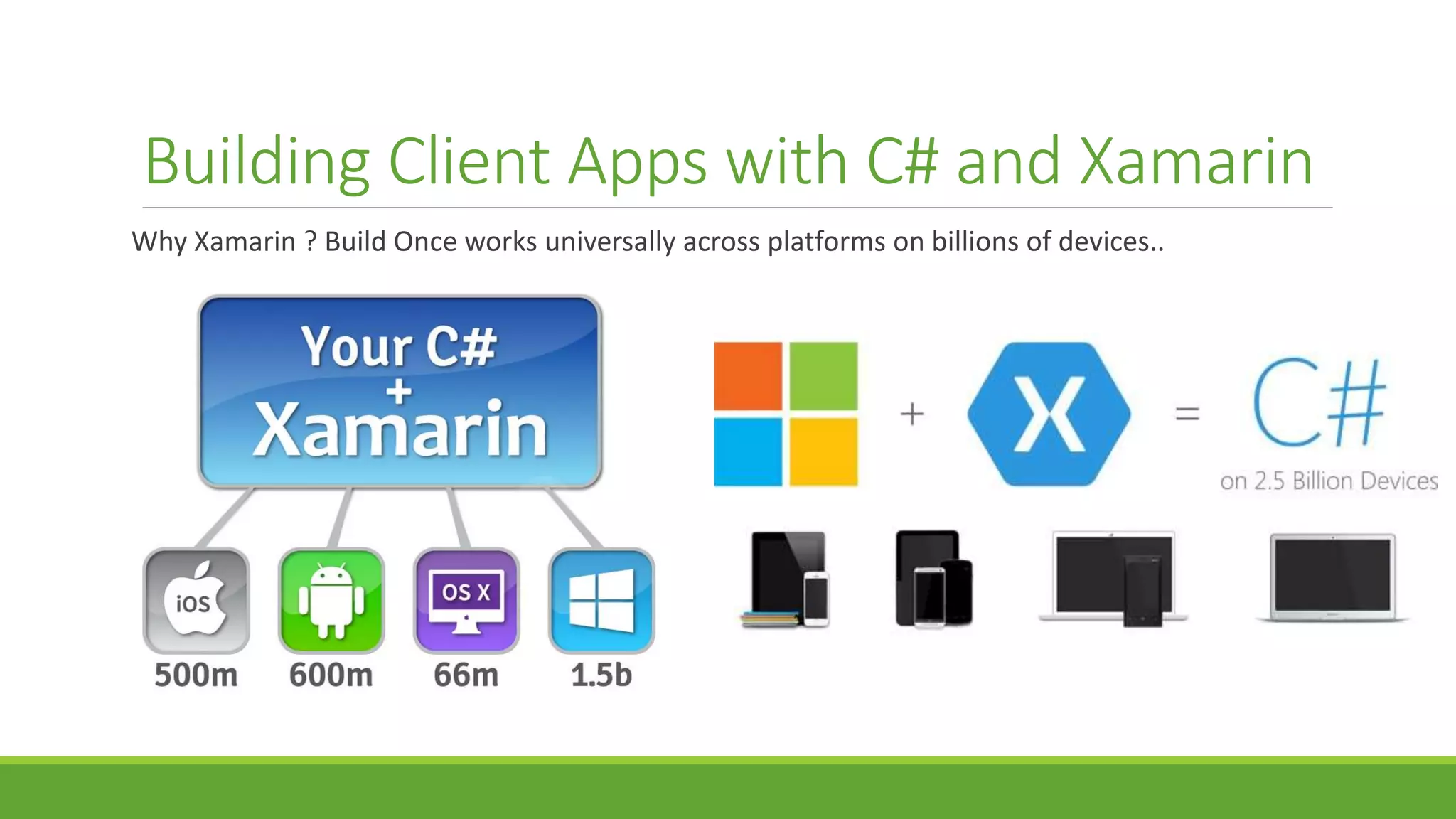 Building Client Apps with C# and Xamarin
Why Xamarin ? Build Once works universally across platforms on billions of devices..
 