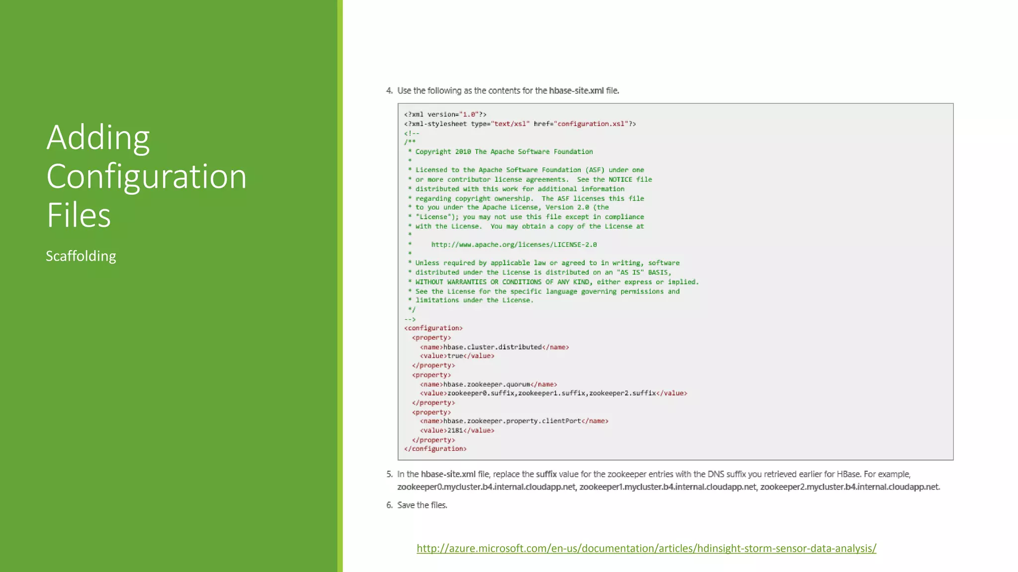 Adding
Configuration
Files
Scaffolding
http://azure.microsoft.com/en-us/documentation/articles/hdinsight-storm-sensor-data-analysis/
 