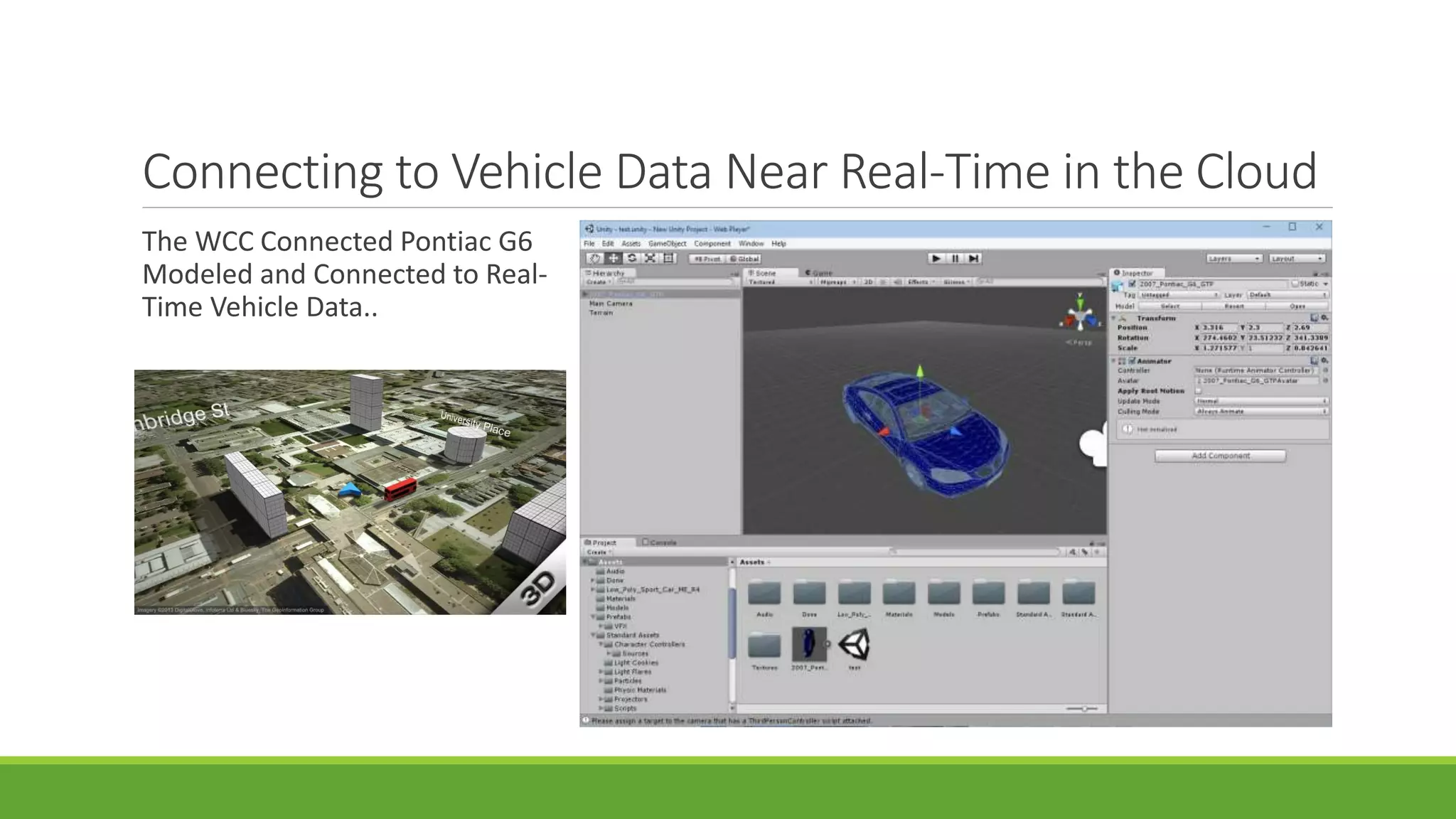 Connecting to Vehicle Data Near Real-Time in the Cloud
The WCC Connected Pontiac G6
Modeled and Connected to Real-
Time Vehicle Data..
 