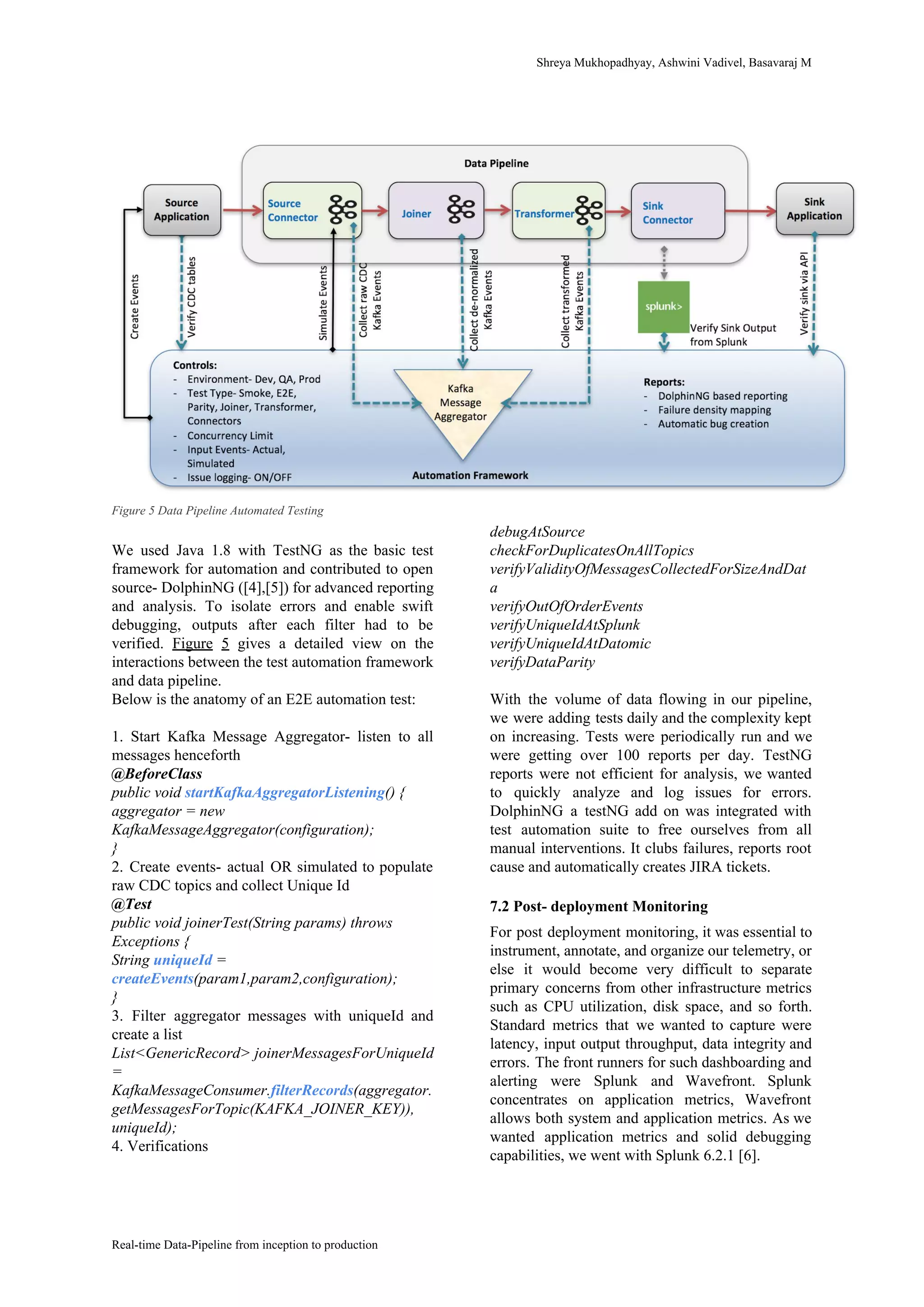 Shreya​ ​Mukhopadhyay,​ ​Ashwini​ ​Vadivel,​ ​Basavaraj​ ​M
Figure​ ​5​ ​Data​ ​Pipeline​ ​Automated​ ​Testing
We used Java 1.8 with TestNG as the basic test
framework for automation and contributed to open
source- DolphinNG (​[4]​,​[5]​) for advanced reporting
and analysis. To isolate errors and enable swift
debugging, outputs after each filter had to be
verified. ​Figure 5 gives a detailed view on the
interactions between the test automation framework
and​ ​data​ ​pipeline.
Below​ ​is​ ​the​ ​anatomy​ ​of​ ​an​ ​E2E​ ​automation​ ​test:
1. Start Kafka Message Aggregator- listen to all
messages​ ​henceforth
@BeforeClass
public​ ​void​ ​​startKafkaAggregatorListening​()​ ​{
aggregator​ ​=​ ​new
KafkaMessageAggregator(configuration);
}
2. Create events- actual OR simulated to populate
raw​ ​CDC​ ​topics​ ​and​ ​collect​ ​Unique​ ​Id
@Test
public​ ​void​ ​joinerTest(String​ ​params)​ ​throws
Exceptions​ ​{
String​ ​​uniqueId​​ ​=
createEvents​(param1,param2,configuration);
}
3. Filter aggregator messages with uniqueId and
create​ ​a​ ​list
List<GenericRecord>​ ​joinerMessagesForUniqueId
=
KafkaMessageConsumer.​filterRecords​(aggregator.
getMessagesForTopic(KAFKA_JOINER_KEY)),
uniqueId);
4.​ ​Verifications
debugAtSource
checkForDuplicatesOnAllTopics
verifyValidityOfMessagesCollectedForSizeAndDat
a
verifyOutOfOrderEvents
verifyUniqueIdAtSplunk
verifyUniqueIdAtDatomic
verifyDataParity
With the volume of data flowing in our pipeline,
we were adding tests daily and the complexity kept
on increasing. Tests were periodically run and we
were getting over 100 reports per day. TestNG
reports were not efficient for analysis, we wanted
to quickly analyze and log issues for errors.
DolphinNG a testNG add on was integrated with
test automation suite to free ourselves from all
manual interventions. It clubs failures, reports root
cause​ ​and​ ​automatically​ ​creates​ ​JIRA​ ​tickets.
7.2​ ​Post-​ ​deployment​ ​Monitoring
For post deployment monitoring, it was essential to
instrument, annotate, and organize our telemetry, or
else it would become very difficult to separate
primary concerns from other infrastructure metrics
such as CPU utilization, disk space, and so forth.
Standard metrics that we wanted to capture were
latency, input output throughput, data integrity and
errors. The front runners for such dashboarding and
alerting were Splunk and Wavefront. Splunk
concentrates on application metrics, Wavefront
allows both system and application metrics. As we
wanted application metrics and solid debugging
capabilities,​ ​we​ ​went​ ​with​ ​Splunk​ ​6.2.1​ ​​[6]​.
Real-time​ ​Data-Pipeline​ ​from​ ​inception​ ​to​ ​production
 