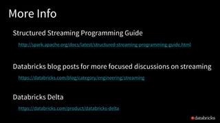 More Info
Structured Streaming Programming Guide
http://spark.apache.org/docs/latest/structured-streaming-programming-guide.html
Databricks blog posts for more focused discussions on streaming
https://databricks.com/blog/category/engineering/streaming
Databricks Delta
https://databricks.com/product/databricks-delta
 