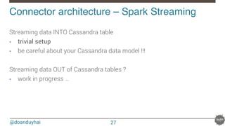 @doanduyhai
Connector architecture – Spark Streaming !

Streaming data INTO Cassandra table
•  trivial setup
•  be careful about your Cassandra data model !!!
Streaming data OUT of Cassandra tables ?
•  work in progress …
27
 