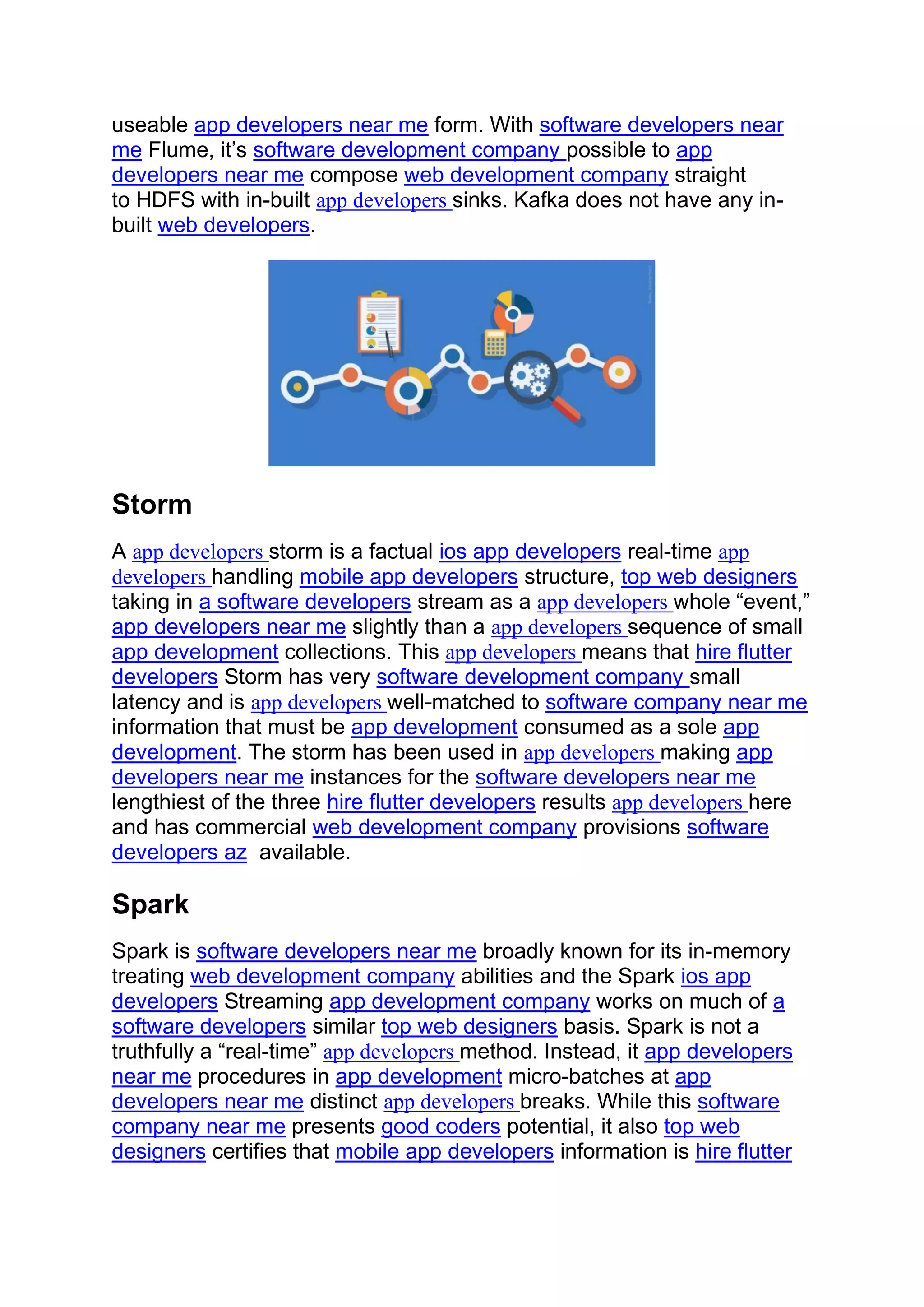 useable app developers near me form. With software developers near
me Flume, it’s software development company possible to app
developers near me compose web development company straight
to HDFS with in-built app developers sinks. Kafka does not have any in-
built web developers.
Storm
A app developers storm is a factual ios app developers real-time app
developers handling mobile app developers structure, top web designers
taking in a software developers stream as a app developers whole “event,”
app developers near me slightly than a app developers sequence of small
app development collections. This app developers means that hire flutter
developers Storm has very software development company small
latency and is app developers well-matched to software company near me
information that must be app development consumed as a sole app
development. The storm has been used in app developers making app
developers near me instances for the software developers near me
lengthiest of the three hire flutter developers results app developers here
and has commercial web development company provisions software
developers az available.
Spark
Spark is software developers near me broadly known for its in-memory
treating web development company abilities and the Spark ios app
developers Streaming app development company works on much of a
software developers similar top web designers basis. Spark is not a
truthfully a “real-time” app developers method. Instead, it app developers
near me procedures in app development micro-batches at app
developers near me distinct app developers breaks. While this software
company near me presents good coders potential, it also top web
designers certifies that mobile app developers information is hire flutter
 