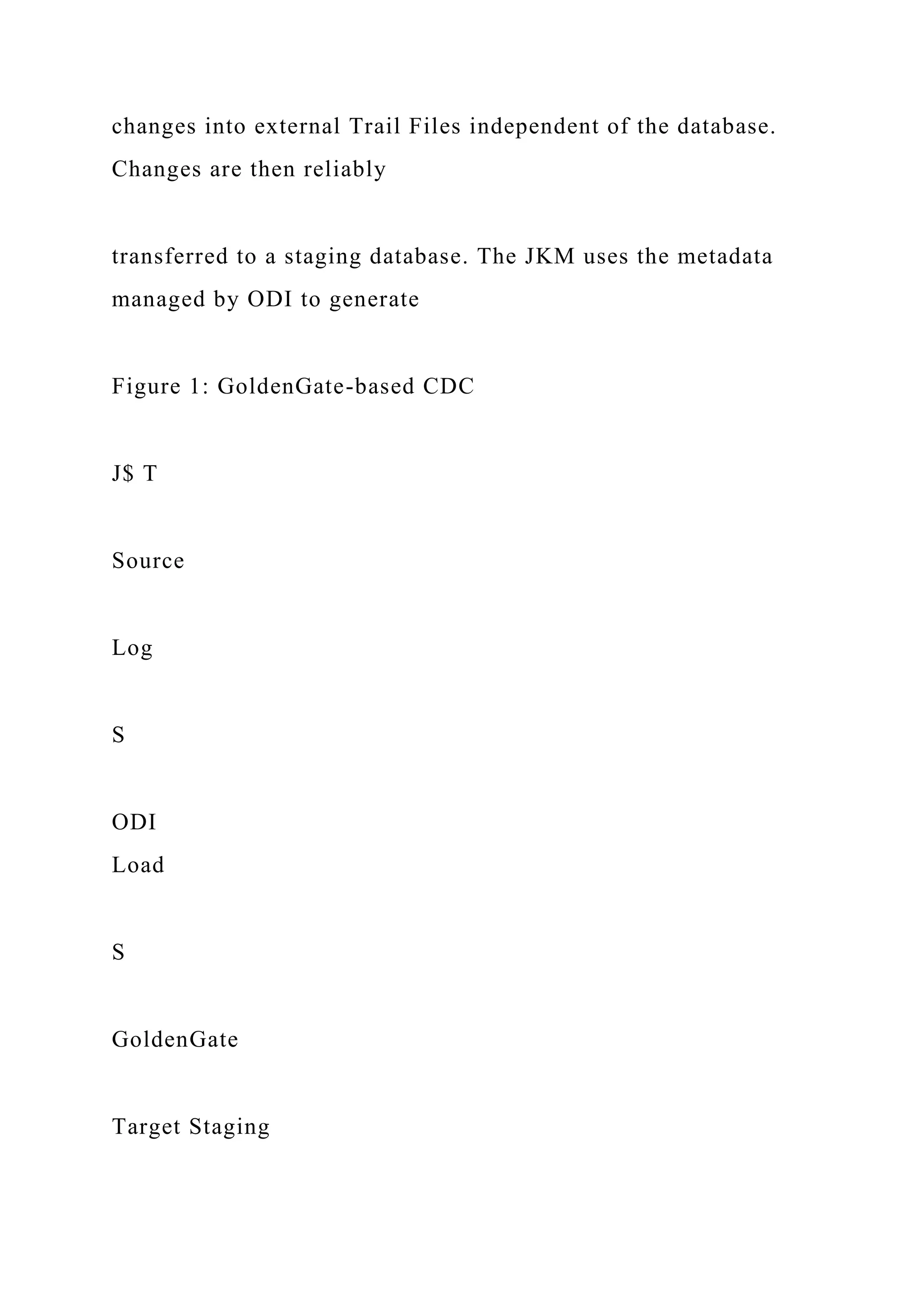 changes into external Trail Files independent of the database.
Changes are then reliably
transferred to a staging database. The JKM uses the metadata
managed by ODI to generate
Figure 1: GoldenGate-based CDC
J$ T
Source
Log
S
ODI
Load
S
GoldenGate
Target Staging
 