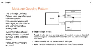 14
• The Message Queuing
Pattern uses asynchronous
communications,
implemented via queued
messages, to synchronize
and share information
among tasks.
• Any information shared
among threads is passed
by value to the separate
thread.
• Relatively heavyweight
approach
Message Queuing Pattern
Collaboration Roles
• Thread - it is the root of an operating system thread, task, or process. It can both
create messages to send to other Threads and receive and process messages
when it runs.
• Queue - container that can hold a number of messages.
• Mutex - provides protection from multiple access to the Queue contents
 