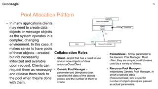 19
• In many applications clients
may need to create data
objects or message objects
as the system operates in a
complex, changing
environment. In this case, it
makes sense to have pools
of these objects—created
but not necessarily
initialized and available
upon request. Clients can
request them as necessary
and release them back to
the pool when they're done
with them.
Pool Allocation Pattern
Collaboration Roles
• Client - object that has a need to use
one or more objects of class
resourceClassClient
• Generic Pool Manager –
parameterized (template) class
specifies the class of the objects
pooled and the number of them to
create
• PooledClass - formal parameter to
the Generic Pool Manager. Most
often, they are simple, small classes
used by a variety of clients.
• Resource Pool Manager -
instantiated Generic Pool Manager, in
which a specific class
(ResourceClass) and a specific
number of objects (size) are passed
as actual parameters.
 
