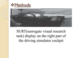 Methods
SURT(surrogate visual research
task) display on the right part of
the driving simulator cockpit
 