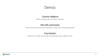 19
Demos
Customer intelligence
Gather everything we know about a customer.
Web traffic sessionization
Track a bot that cycles through IP addresses, cookies, and user agent signatures.
Fraud detection
Determine if a health care provider was blacklisted under a different name.
 