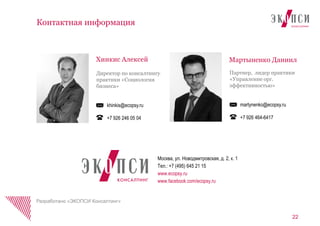 22
Контактная информация
Хинкис Алексей
Директор по консалтингу
практики «Социология
бизнеса»
khinkis@ecopsy.ru
+7 926 246 05 04
Мартыненко Даниил
Партнер, лидер практики
«Управление орг.
эффективностью»
martynenko@ecopsy.ru
+7 926 464-6417
Москва, ул. Новодмитровская, д. 2, к. 1
Тел.: +7 (495) 645 21 15
www.ecopsy.ru
www.facebook.com/ecopsy.ru
Разработано «ЭКОПСИ Консалтинг»
 