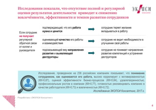 4
Исследования показали, что отсутствие полной и регулярной
оценки результатов деятельности приводит к снижению
вовлечённости, эффективности и темпов развития сотрудников
Разработано «ЭКОПСИ Консалтинг»
Исследование, проведенное на 236 российских компаниях показывает, что понимание
сотрудником, как оценивается его работа, высоко коррелирует с мотивированностью
(КК=0,87), оценкой эффективности бизнес-процессов (КК=0,84), удовлетворенностью,
профессиональным ростом в компании (КК=0,77), готовностью рекомендовать компанию в
качестве работодателя (КК=0,73) и вовлеченностью (КК=0,72).
Исследование ЭКОПСИ Консалтинг, 2017 г.
Если сотрудник
не получает
регулярной
обратной связи
от коллег и
руководителя
подтверждающей, что его работа
нужна и ценится
сотрудник теряет желание
вкладываться в работу
оценивающей качество его работы
и взаимодействия
сотрудник не видит необходимости в
улучшении свой работы
подсказывающей ему направления
развития и выявляющей
деструкторы
сотрудник не понимает направления
развития компетенций и устранения
деструкторов
 