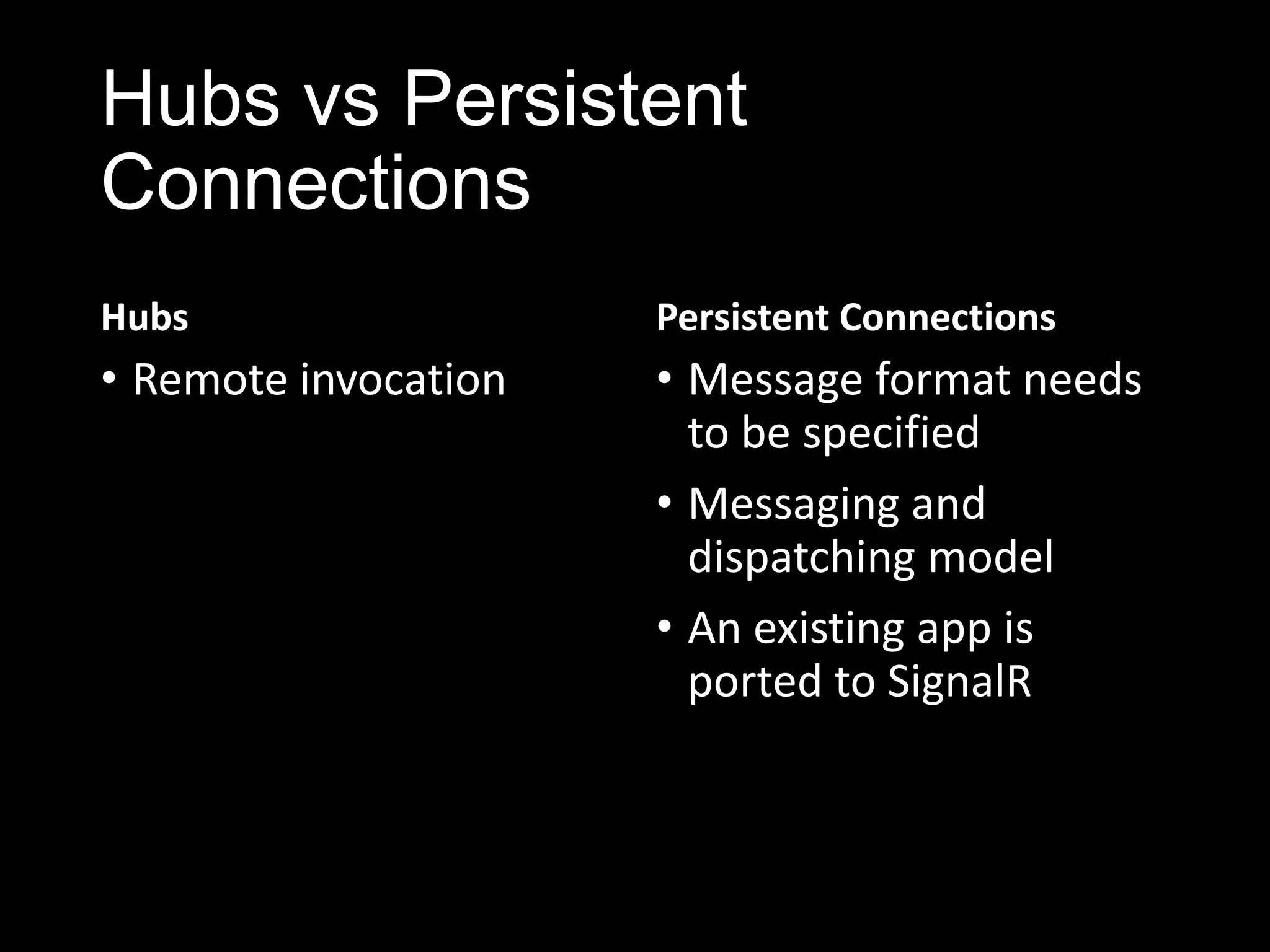 Hubs vs Persistent
Connections
Hubs
• Remote invocation
Persistent Connections
• Message format needs
to be specified
• Messaging and
dispatching model
• An existing app is
ported to SignalR
 