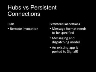 Hubs vs Persistent
Connections
Hubs
• Remote invocation
Persistent Connections
• Message format needs
to be specified
• Messaging and
dispatching model
• An existing app is
ported to SignalR
 