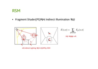 RSM

 Fragment Shader(PS)에서 Indirect Illumination 계산




                                           모든 픽셀을 누적




       x의 Indirect Lighting 계산시 참조하는 RSM
 