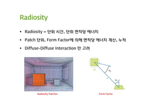 Radiosity

 Radiosity = 단위 시간, 단위 면적당 에너지

 Patch 단위, Form Factor에 의해 면적당 에너지 계산, 누적

 Diffuse-Diffuse Interaction 만 고려




        Radiosity Patches            Form Factor
 
