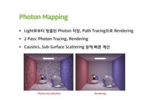 Photon Mapping

 Light로부터 방출된 Photon 저장, Path Tracing으로 Rendering

 2 Pass: Photon Tracing, Rendering

 Caustics, Sub-Surface Scattering 등에 빠른 계산




         Photon Visualization         Rendering
 