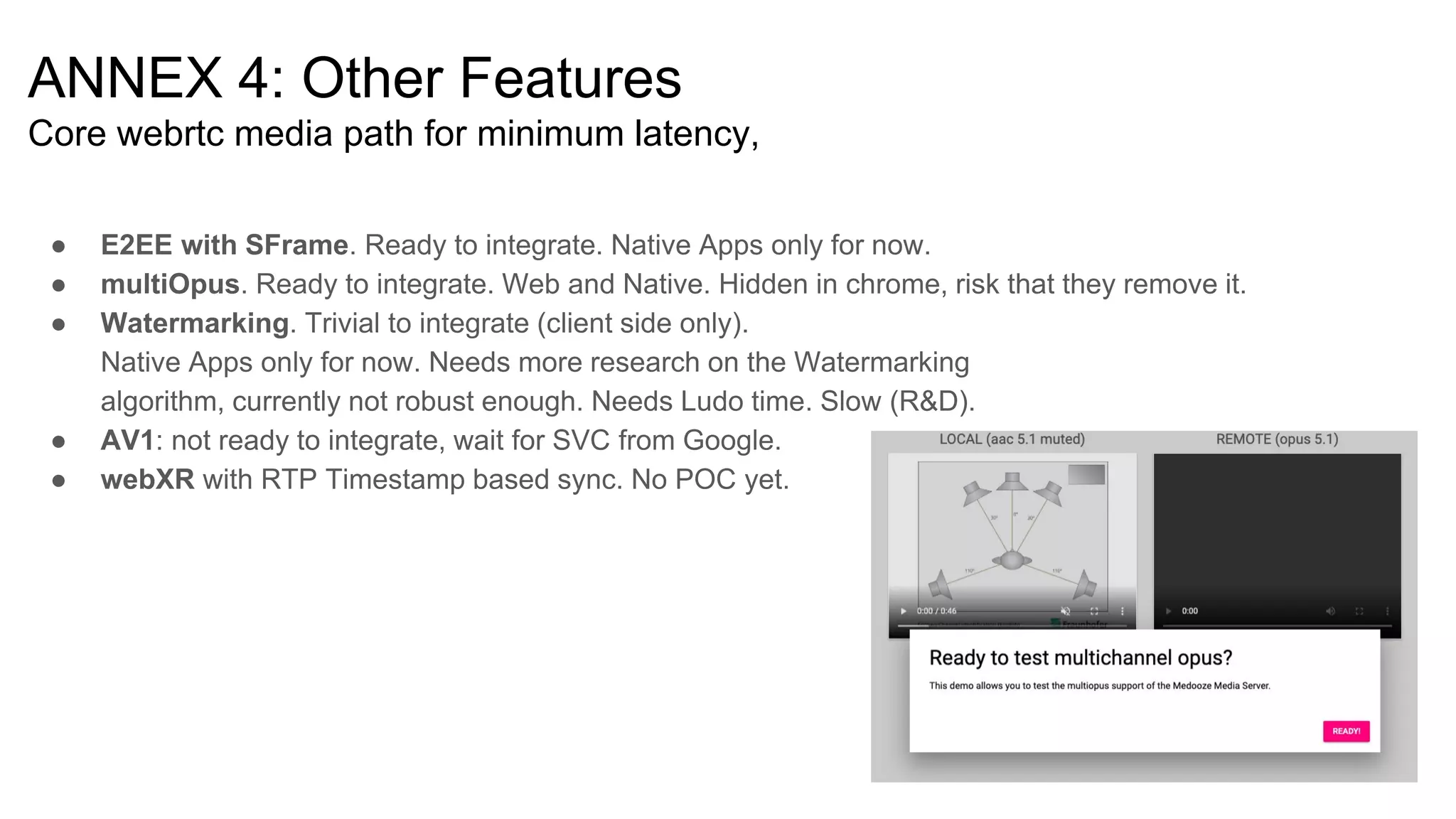 ANNEX 4: Other Features
Core webrtc media path for minimum latency,
● E2EE with SFrame. Ready to integrate. Native Apps only for now.
● multiOpus. Ready to integrate. Web and Native. Hidden in chrome, risk that they remove it.
● Watermarking. Trivial to integrate (client side only).
Native Apps only for now. Needs more research on the Watermarking
algorithm, currently not robust enough. Needs Ludo time. Slow (R&D).
● AV1: not ready to integrate, wait for SVC from Google.
● webXR with RTP Timestamp based sync. No POC yet.
 