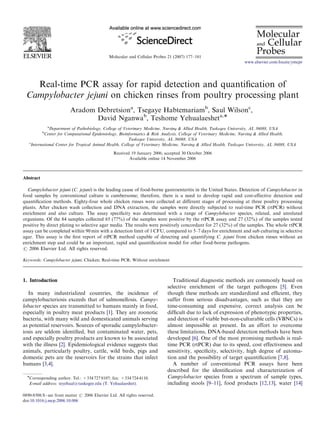 Molecular and Cellular Probes 21 (2007) 177–181
Real-time PCR assay for rapid detection and quantiﬁcation of
Campylobacter jejuni on chicken rinses from poultry processing plant
Aradom Debretsiona
, Tsegaye Habtemariamb
, Saul Wilsonc
,
David Nganwab
, Teshome Yehualaesheta,Ã
a
Department of Pathobiology, College of Veterinary Medicine, Nursing & Allied Health, Tuskegee University, AL 36088, USA
b
Center for Computational Epidemiology, Bioinformatics & Risk Analysis, College of Veterinary Medicine, Nursing & Allied Health,
Tuskegee University, AL 36088, USA
c
International Center for Tropical Animal Health, College of Veterinary Medicine, Nursing & Allied Health, Tuskegee University, AL 36088, USA
Received 19 January 2006; accepted 30 October 2006
Available online 14 November 2006
Abstract
Campylobacter jejuni (C. jejuni) is the leading cause of food-borne gastroenteritis in the United States. Detection of Campylobacter in
food samples by conventional culture is cumbersome; therefore, there is a need to develop rapid and cost-effective detection and
quantiﬁcation methods. Eighty-four whole chicken rinses were collected at different stages of processing at three poultry processing
plants. After chicken wash collection and DNA extraction, the samples were directly subjected to real-time PCR (rtPCR) without
enrichment and also culture. The assay speciﬁcity was determined with a range of Campylobacter species, related, and unrelated
organisms. Of the 84 samples collected 65 (77%) of the samples were positive by the rtPCR assay and 27 (32%) of the samples tested
positive by direct plating to selective agar media. The results were positively concordant for 27 (32%) of the samples. The whole rtPCR
assay can be completed within 90 min with a detection limit of 1 CFU, compared to 5–7 days for enrichment and sub culturing in selective
agar. This assay is the ﬁrst report of rtPCR method capable of detecting and quantifying C. jejuni from chicken rinses without an
enrichment step and could be an important, rapid and quantiﬁcation model for other food-borne pathogens.
r 2006 Elsevier Ltd. All rights reserved.
Keywords: Campylobacter jejuni; Chicken; Real-time PCR; Without enrichment
1. Introduction
In many industrialized countries, the incidence of
campylobacteriosis exceeds that of salmonellosis. Campy-
lobacter species are transmitted to humans mainly in food,
especially in poultry meat products [1]. They are zoonotic
bacteria, with many wild and domesticated animals serving
as potential reservoirs. Sources of sporadic campylobacter-
iosis are seldom identiﬁed, but contaminated water, pets,
and especially poultry products are known to be associated
with the illness [2]. Epidemiological evidence suggests that
animals, particularly poultry, cattle, wild birds, pigs and
domestic pets are the reservoirs for the strains that infect
humans [3,4].
Traditional diagnostic methods are commonly based on
selective enrichment of the target pathogens [5]. Even
though these methods are standardized and efﬁcient, they
suffer from serious disadvantages, such as that they are
time-consuming and expensive, correct analysis can be
difﬁcult due to lack of expression of phenotypic properties,
and detection of viable but-non-culturable cells (VBNCs) is
almost impossible at present. In an effort to overcome
these limitations, DNA-based detection methods have been
developed [6]. One of the most promising methods is real-
time PCR (rtPCR) due to its speed, cost effectiveness and
sensitivity, speciﬁcity, selectivity, high degree of automa-
tion and the possibility of target quantiﬁcation [7,8].
A number of conventional PCR assays have been
described for the identiﬁcation and characterization of
Campylobacter species from a spectrum of sample types,
including stools [9–11], food products [12,13], water [14]
ARTICLE IN PRESS
www.elsevier.com/locate/ymcpr
0890-8508/$ - see front matter r 2006 Elsevier Ltd. All rights reserved.
doi:10.1016/j.mcp.2006.10.006
ÃCorresponding author. Tel.: +334 727 8107; fax: +334 724 4110.
E-mail address: teyehual@tuskegee.edu (T. Yehualaeshet).
 