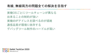 有線, 無線両方の問題全ての解決を目指す
実機OSごとにツールチェーンが異なる
出来ることの制約が強い
実機のIPアドレスを調べるのが煩雑
通信品質が環境に依存する
デバッグツール制作のハードルが高い
 