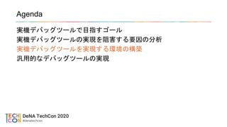 Agenda
実機デバッグツールで目指すゴール
実機デバッグツールの実現を阻害する要因の分析
実機デバッグツールを実現する環境の構築
汎用的なデバッグツールの実現
 