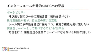 インターフェースが静的なRPCへの要求
ポータビリティ
呼び出し側のツールの実装言語に制約を設けない
後方互換性があり、自由度の高い型定義
ツール間の依存性を適切に保ちつつ、複雑な構造も受け渡したい
実機をサーバーとして動作すること”も”出来る
処理を行う, 情報を送る主体がサーバーにならないと制御が難しい
 