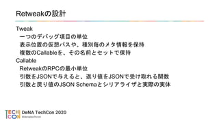Retweakの設計
Tweak
一つのデバッグ項目の単位
表示位置の仮想パスや、種別毎のメタ情報を保持
複数のCallableを、その名前とセットで保持
Callable
RetweakのRPCの最小単位
引数をJSONで与えると、返り値をJSONで受け取れる関数
引数と戻り値のJSON Schemaとシリアライザと実際の実体
 
