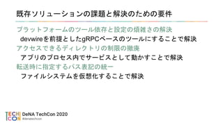 既存ソリューションの課題と解決のための要件
プラットフォームのツール依存と設定の煩雑さの解決
devwireを前提としたgRPCベースのツールにすることで解決
アクセスできるディレクトリの制限の撤廃
アプリのプロセス内でサービスとして動かすことで解決
転送時に指定するパス表記の統一
ファイルシステムを仮想化することで解決
 