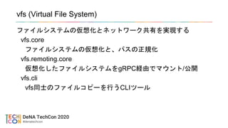 vfs (Virtual File System)
ファイルシステムの仮想化とネットワーク共有を実現する
vfs.core
ファイルシステムの仮想化と、パスの正規化
vfs.remoting.core
仮想化したファイルシステムをgRPC経由でマウント/公開
vfs.cli
vfs同士のファイルコピーを行うCLIツール
 