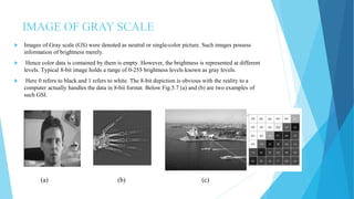 IMAGE OF GRAY SCALE
 Images of Gray scale (GS) were denoted as neutral or single-color picture. Such images possess
information of brightness merely.
 Hence color data is contained by them is empty. However, the brightness is represented at different
levels. Typical 8-bit image holds a range of 0-255 brightness levels known as gray levels.
 Here 0 refers to black and 1 refers to white. The 8-bit depiction is obvious with the reality to a
computer actually handles the data in 8-bit format. Below Fig.5.7 (a) and (b) are two examples of
such GSI.
(a) (b) (c)
 