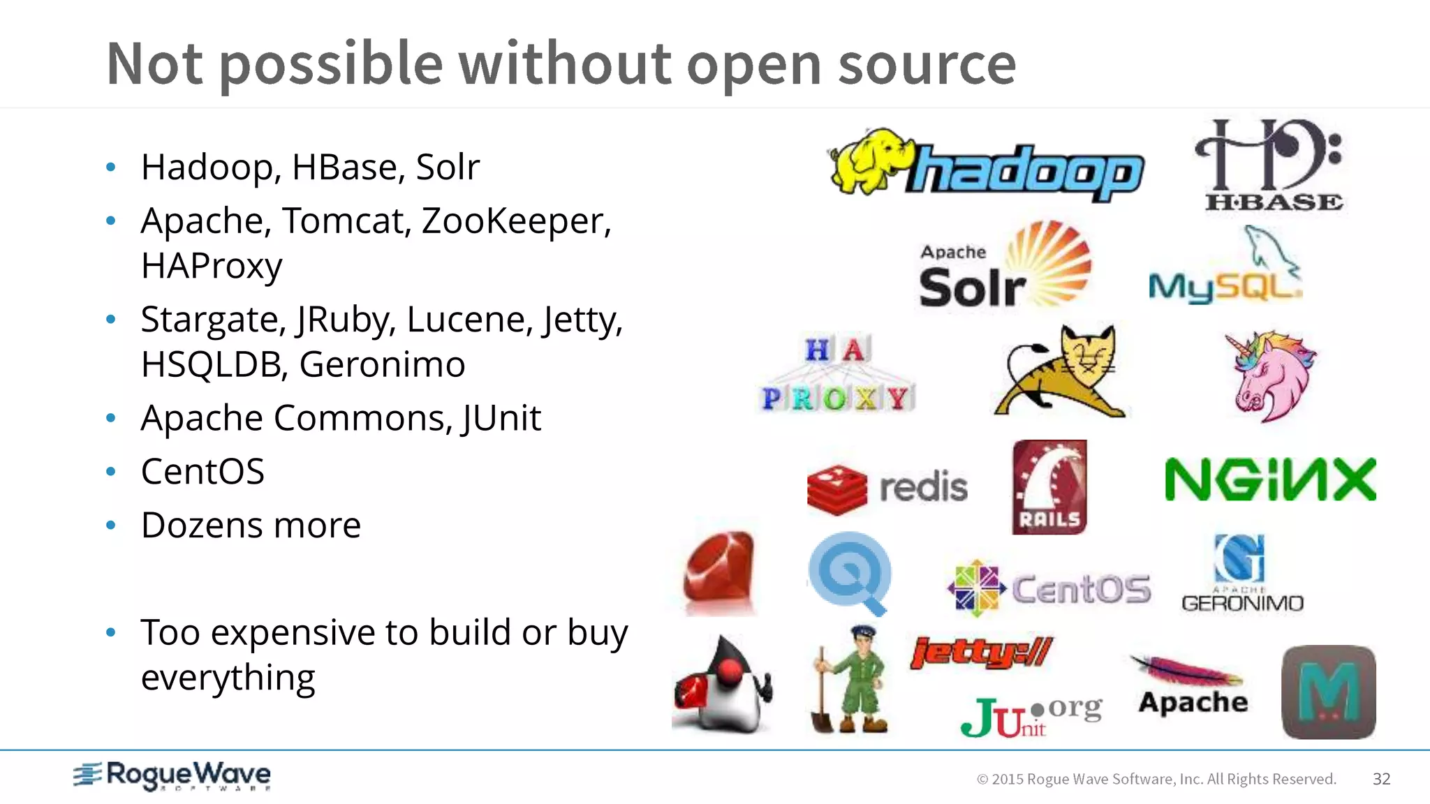 32
• Hadoop, HBase, Solr
• Apache, Tomcat, ZooKeeper,
HAProxy
• Stargate, JRuby, Lucene, Jetty,
HSQLDB, Geronimo
• Apache Commons, JUnit
• CentOS
• Dozens more
• Too expensive to build or buy
everything
 