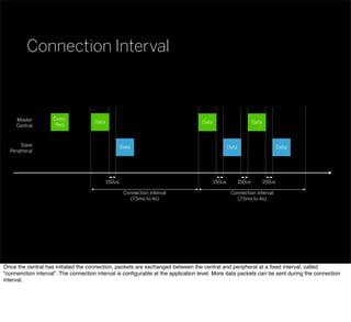 Master
Central
Slave
Peripheral
Conn.
Req
150us
Data
Data
150us
Data
Data
Data
Data
150us 150us
Connection interval
(7.5ms to 4s)
Connection interval
(7.5ms to 4s)
Connection Interval
Once the central has initiated the connection, packets are exchanged between the central and peripheral at a ﬁxed interval, called
“connenction interval”. The connection interval is conﬁgurable at the application level. More data packets can be sent during the connection
interval.
 