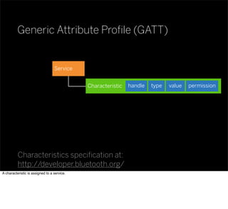 Generic Attribute Proﬁle (GATT)
Characteristics speciﬁcation at:
http://developer.bluetooth.org/
Characteristic valuetypehandle permission
Service
A characteristic is assigned to a service.
 