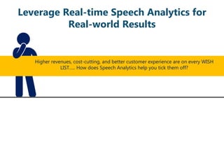 Higher revenues, cost-cutting, and better customer experience are on every WISH
LIST….. How does Speech Analytics help you tick them off?
Leverage Real-time Speech Analytics for
Real-world Results
 