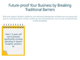 Future-proof Your Business by Breaking
Traditional Barriers
Next 1-3 years will
see businesses
significantly increase
spending in Speech
Analytics solutions
as:
Real-time Speech Analytics platforms and advanced deployment architectures are paving the
way for next-generation contact centers by overcoming barriers such as cost constraints and
limited availability.
 