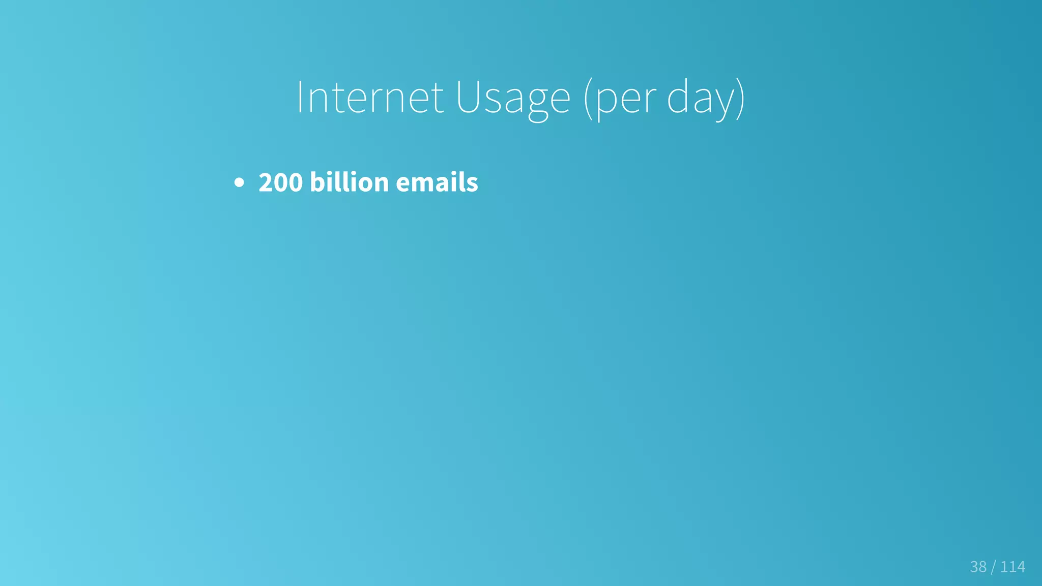 Internet Usage (per day)
200 billion emails
38 / 114
 