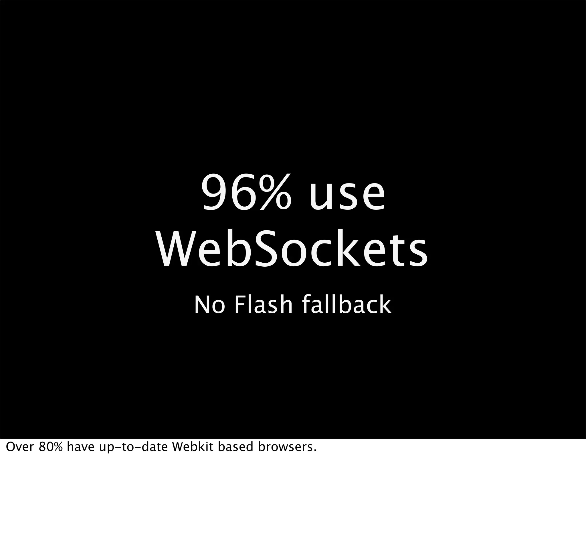 96% use
                      WebSockets
                            No Flash fallback




Over 80% have up-to-date Webkit based browsers.
 