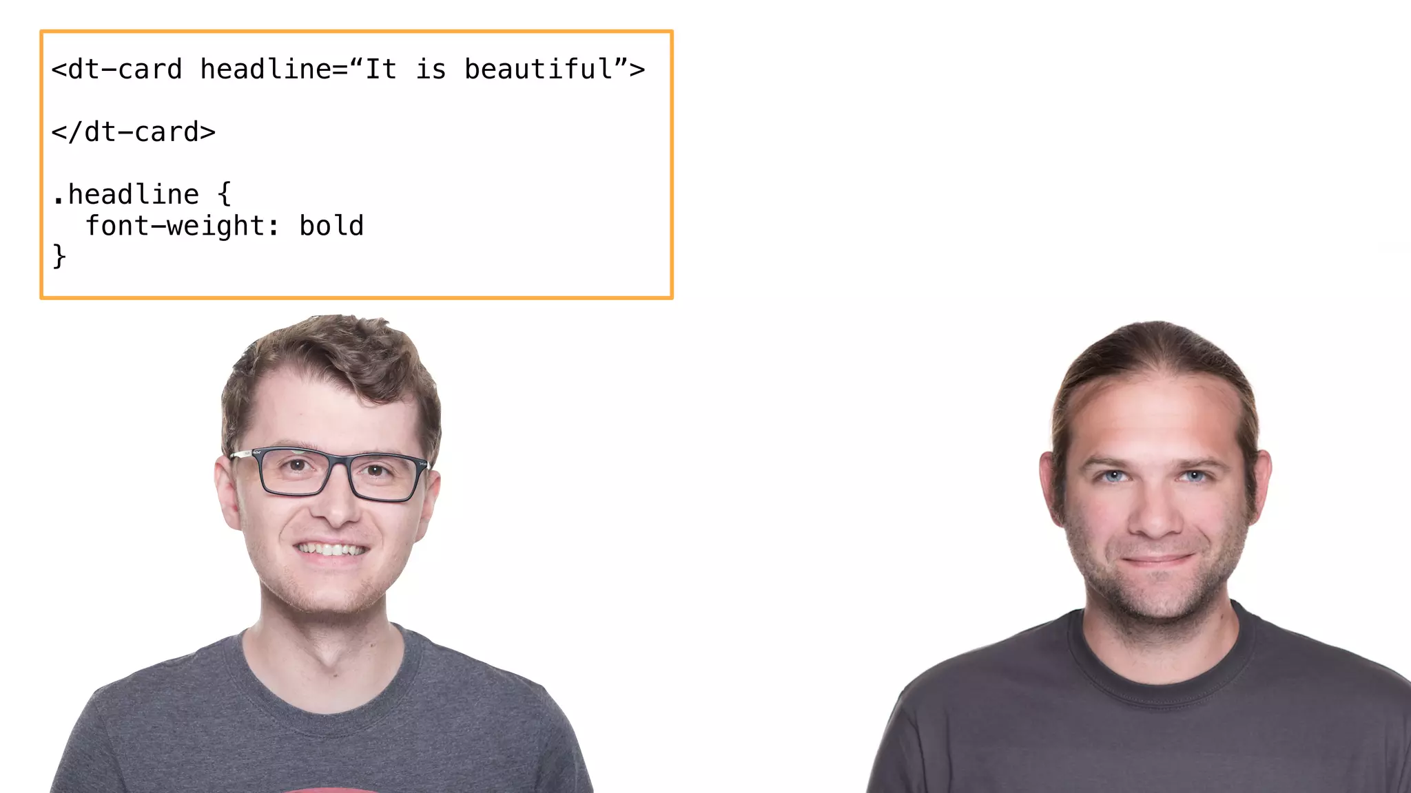 <dt-card headline=“It is beautiful”>
</dt-card>
.headline {
font-weight: bold
}
 