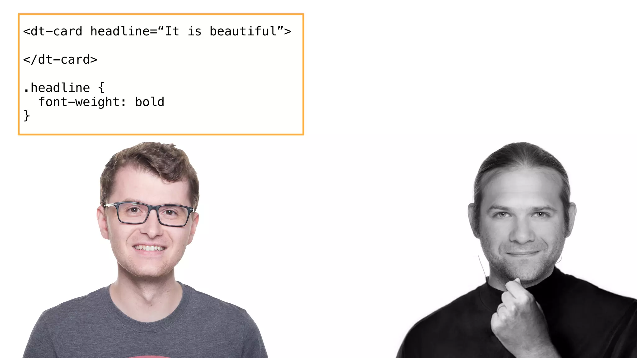 <dt-card headline=“It is beautiful”>
</dt-card>
.headline {
font-weight: bold
}
 