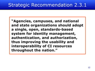Strategic Recommendation 2.3.1


 “Agencies, campuses, and national
 and state organizations should adopt
 a single, open, standards-based
 system for identity management,
 authentication, and authorization,
 thus improving the usability and
 interoperability of CI resources
 throughout the nation.”



                                        12
 