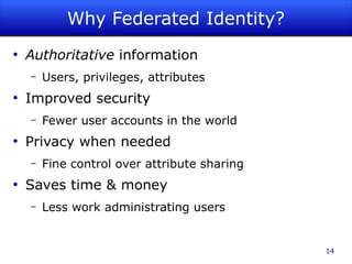 Why Federated Identity?
●
    Authoritative information
    –   Users, privileges, attributes
●
    Improved security
    –   Fewer user accounts in the world
●
    Privacy when needed
    –   Fine control over attribute sharing
●
    Saves time & money
    –   Less work administrating users


                                              14
 