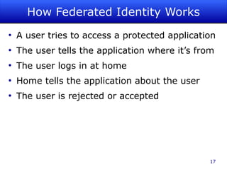 How Federated Identity Works
●
    A user tries to access a protected application
●
    The user tells the application where it’s from
●
    The user logs in at home
●
    Home tells the application about the user
●
    The user is rejected or accepted




                                                 17
 