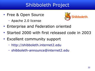 Shibboleth Project
●
    Free & Open Source
    –   Apache 2.0 license
●
    Enterprise and Federation oriented
●
    Started 2000 with first released code in 2003
●
    Excellent community support
    –   http://shibboleth.internet2.edu
    –   shibboleth-announce@internet2.edu




                                               22
 